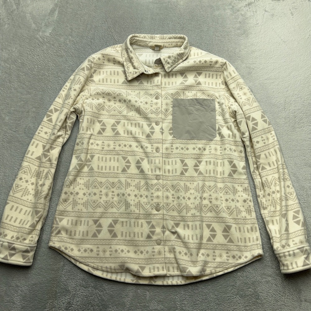 Duluth Trading Co Fleece Shirt Womens L Cream Geometric Southwestern Snap Front